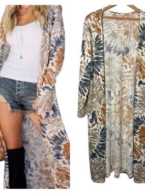 GEE GEE | Desert Duster L Boho Tie-Dye Longline Open Cardigan White Blue & Brown